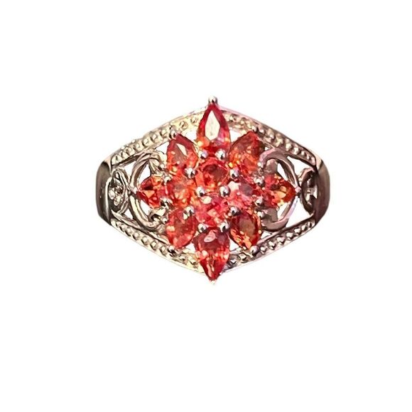 Genuine Orange Sapphire Cluster Sterling Silver Ring Size 8 - Picture 1 of 7